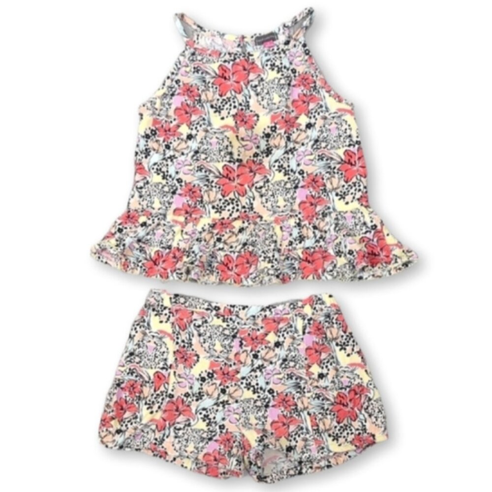 Vince Camuto Linen Tank Top Shirts Matching Set Floral Tiger Girls Size 8 Pink